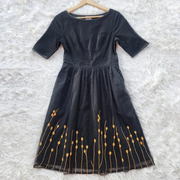 eShakti Black Tulle Embroidered Flare Dress - Picture 1 of 5